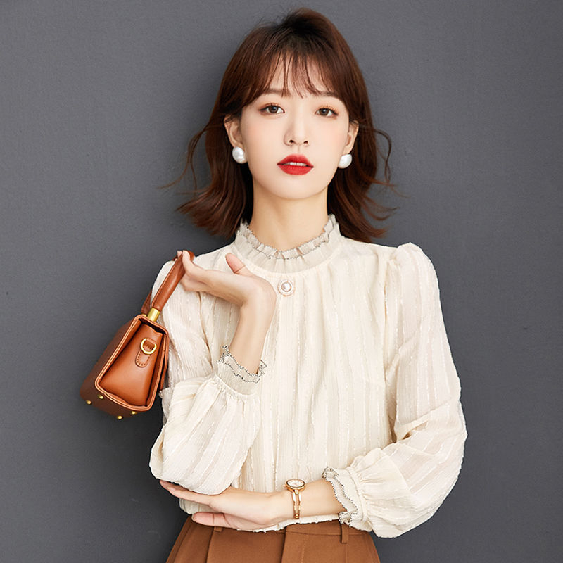 Ženska bluza s čipkom i flis podstavom, korejskog stila s polugornim ovratnikom, chiffon bluza za jesen i zimu, topla i moderna