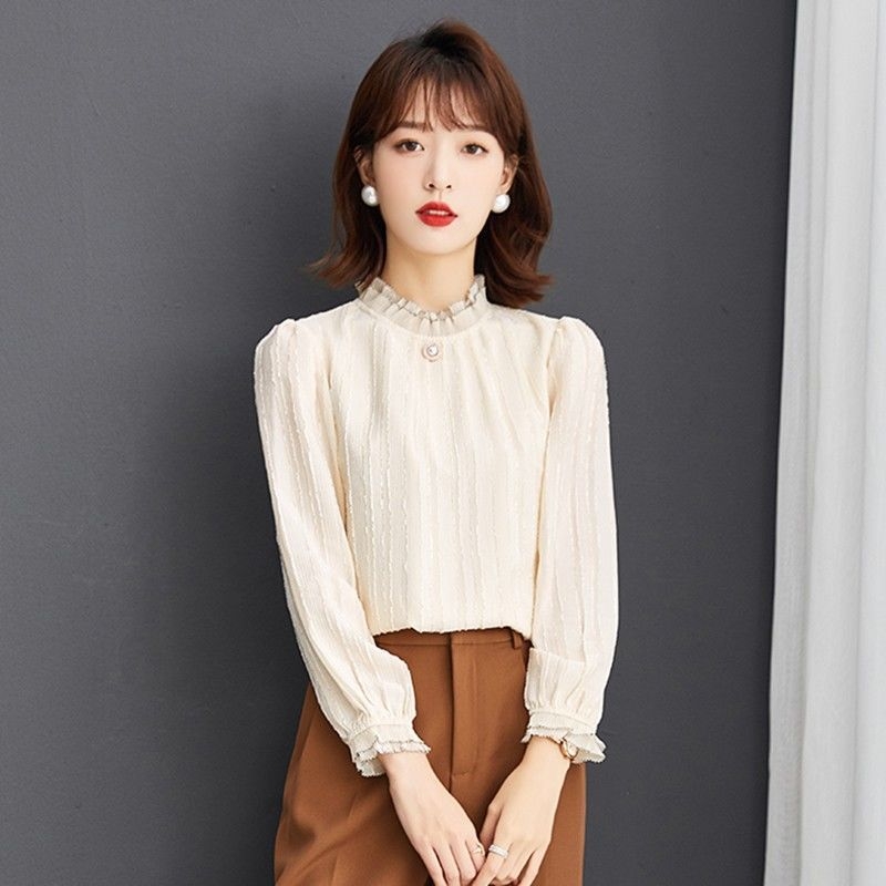 Ženska bluza s čipkom i flis podstavom, korejskog stila s polugornim ovratnikom, chiffon bluza za jesen i zimu, topla i moderna