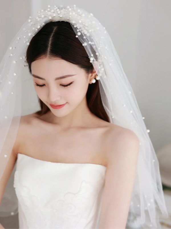 Vjenčani dodatak za glavu s perlicama i veo, dvostruka mreža, Suzhou Xiduo