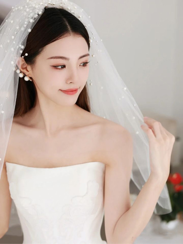 Vjenčani dodatak za glavu s perlicama i veo, dvostruka mreža, Suzhou Xiduo