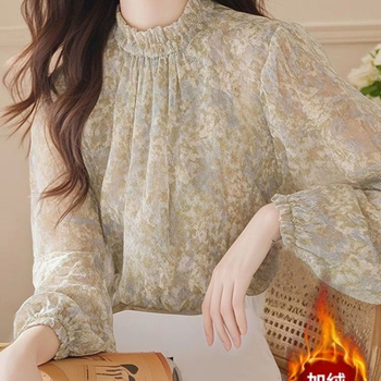 Košulja od šifona s floralnim uzorkom, dugi rukavi, polo ovratnik, slobodan kroj, uobičajena dužina (50–65 cm)