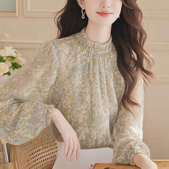 Košulja od šifona s floralnim uzorkom, dugi rukavi, polo ovratnik, slobodan kroj, uobičajena dužina (50–65 cm)