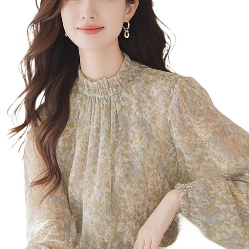 Košulja od šifona s floralnim uzorkom, dugi rukavi, polo ovratnik, slobodan kroj, uobičajena dužina (50–65 cm)