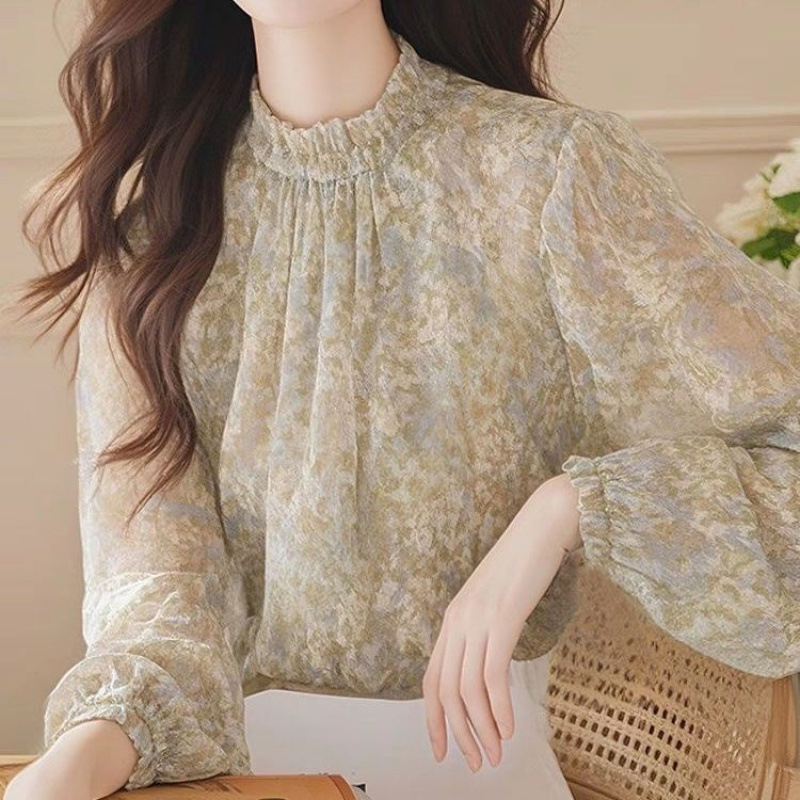 Košulja od šifona s floralnim uzorkom, dugi rukavi, polo ovratnik, slobodan kroj, uobičajena dužina (50–65 cm)