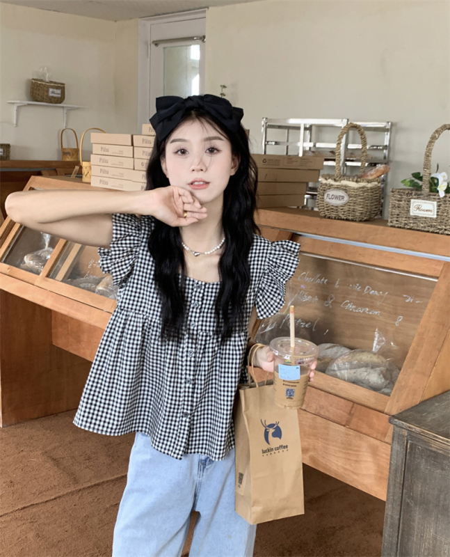 Риза с Feifei ръкав, plaid модел, квадратно деколте, къс ръкав, полиестерна материя