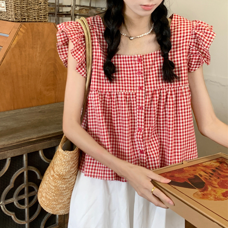 Риза с Feifei ръкав, plaid модел, квадратно деколте, къс ръкав, полиестерна материя