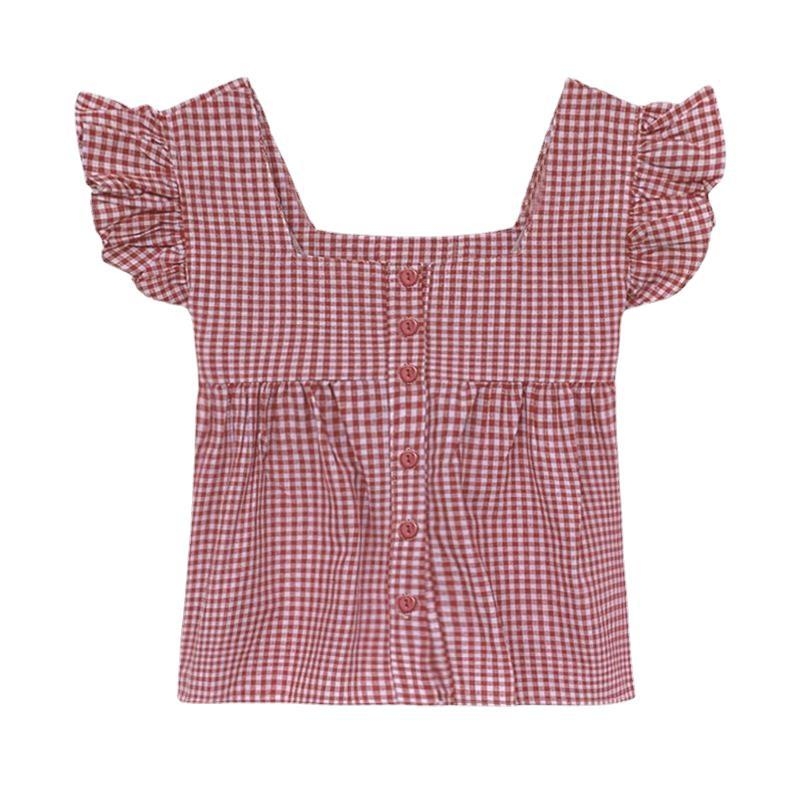 Риза с Feifei ръкав, plaid модел, квадратно деколте, къс ръкав, полиестерна материя