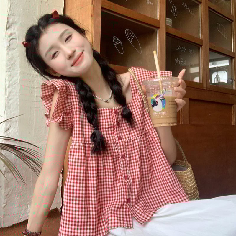 Риза с Feifei ръкав, plaid модел, квадратно деколте, къс ръкав, полиестерна материя