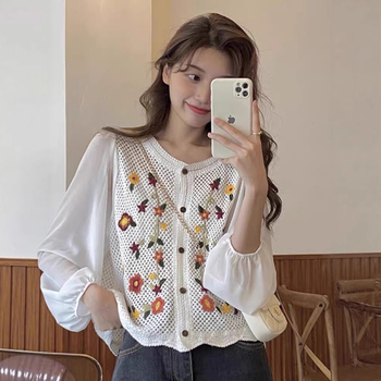 Ženska bluza s lampastim rukavima, V-dekolte, tanak šifon, pamuk baza, print s razlupanim cvijećem, slobodan kroj