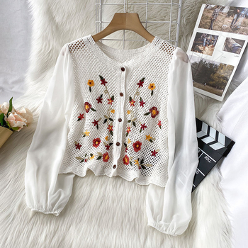 Ženska bluza s lampastim rukavima, V-dekolte, tanak šifon, pamuk baza, print s razlupanim cvijećem, slobodan kroj