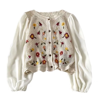 Ženska bluza s lampastim rukavima, V-dekolte, tanak šifon, pamuk baza, print s razlupanim cvijećem, slobodan kroj