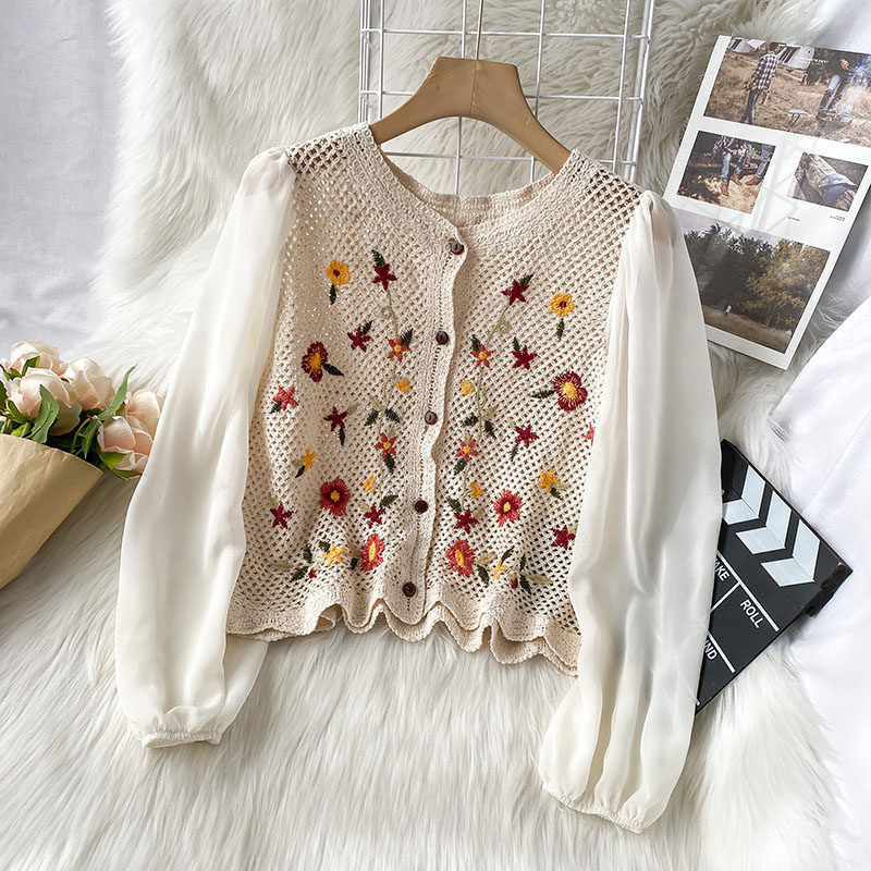 Ženska bluza s lampastim rukavima, V-dekolte, tanak šifon, pamuk baza, print s razlupanim cvijećem, slobodan kroj