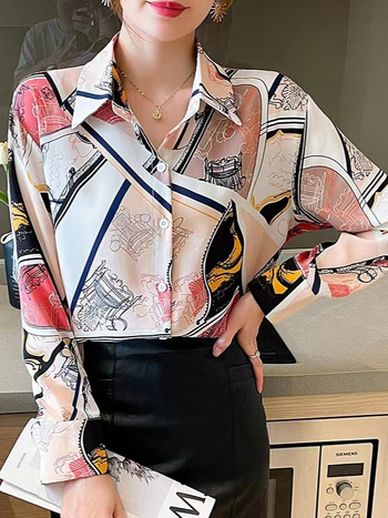 Ženska košulja od šifona, dugi rukav, otisak u patchwork stilu, smjesa poliester-elastan (90–95% poliester)