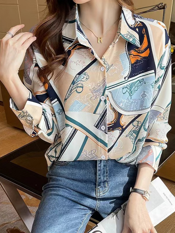 Ženska košulja od šifona, dugi rukav, otisak u patchwork stilu, smjesa poliester-elastan (90–95% poliester)