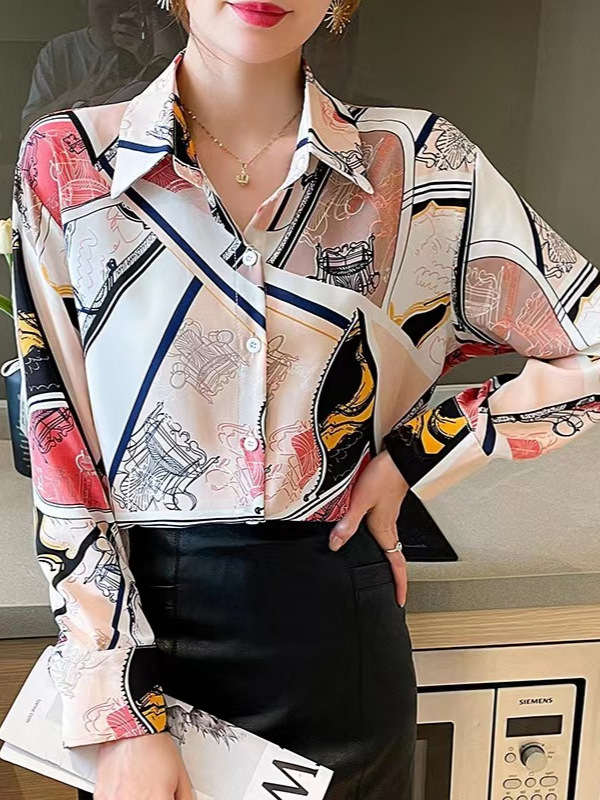 Ženska košulja od šifona, dugi rukav, otisak u patchwork stilu, smjesa poliester-elastan (90–95% poliester)