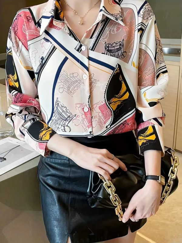 Ženska košulja od šifona, dugi rukav, otisak u patchwork stilu, smjesa poliester-elastan (90–95% poliester)