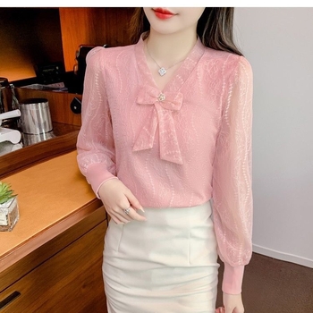 Ženski šifon top Bowknot uzorak, V-dekolte, puff rukavi, pulover stil, slim fit