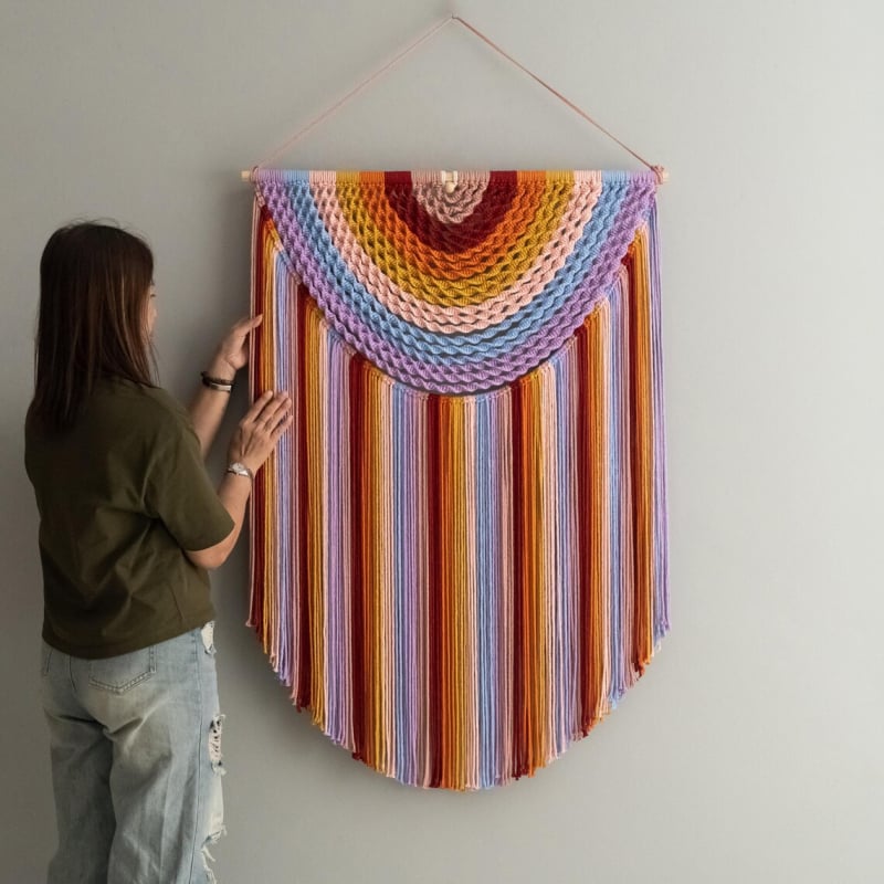 Бохемски гоблен, ръчно тъкан, дантелени пискюли, памук, подходящ за дневна и спалня