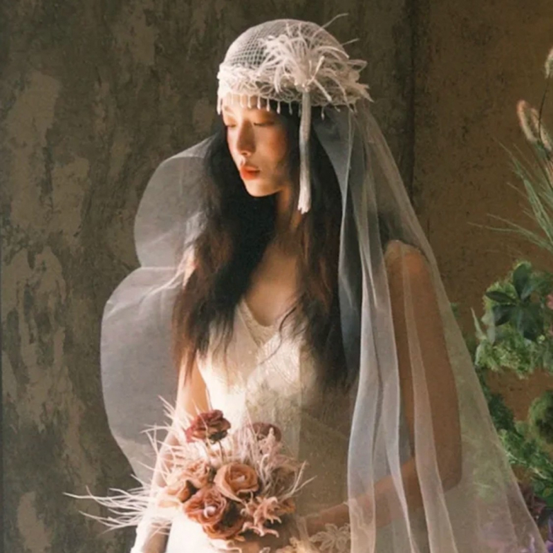 Vintage francuski vjenčani veo, dodatak za glavu od tkanine sa oblikom cvijeta, prilagodljiv za vjenčane foto-sesion, izlazak zima 2025