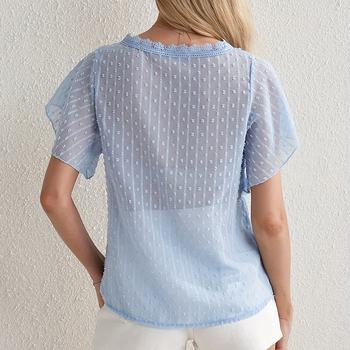 Ženski šifon top s V izrezom, našivena čipka, 3/4 rukava, poliester, pulover