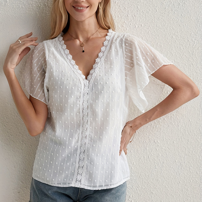 Ženski šifon top s V izrezom, našivena čipka, 3/4 rukava, poliester, pulover