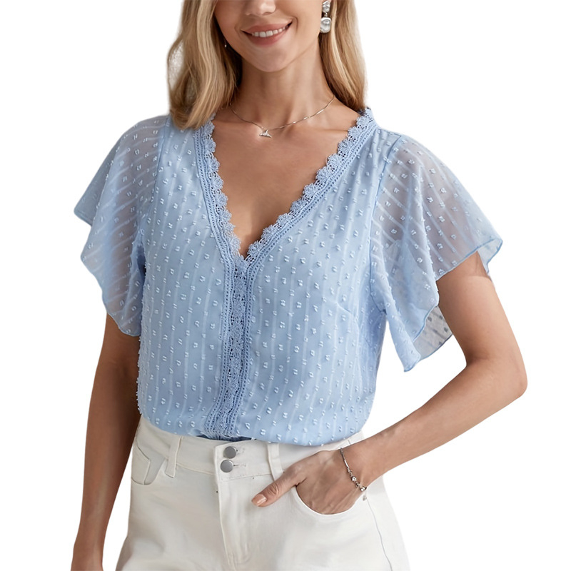 Ženski šifon top s V izrezom, našivena čipka, 3/4 rukava, poliester, pulover