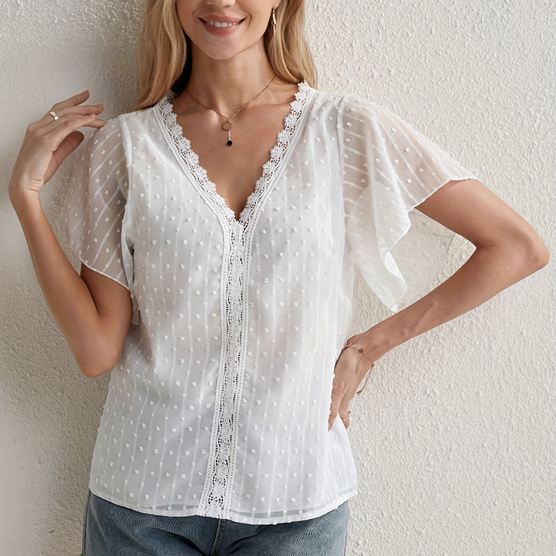Ženski šifon top s V izrezom, našivena čipka, 3/4 rukava, poliester, pulover