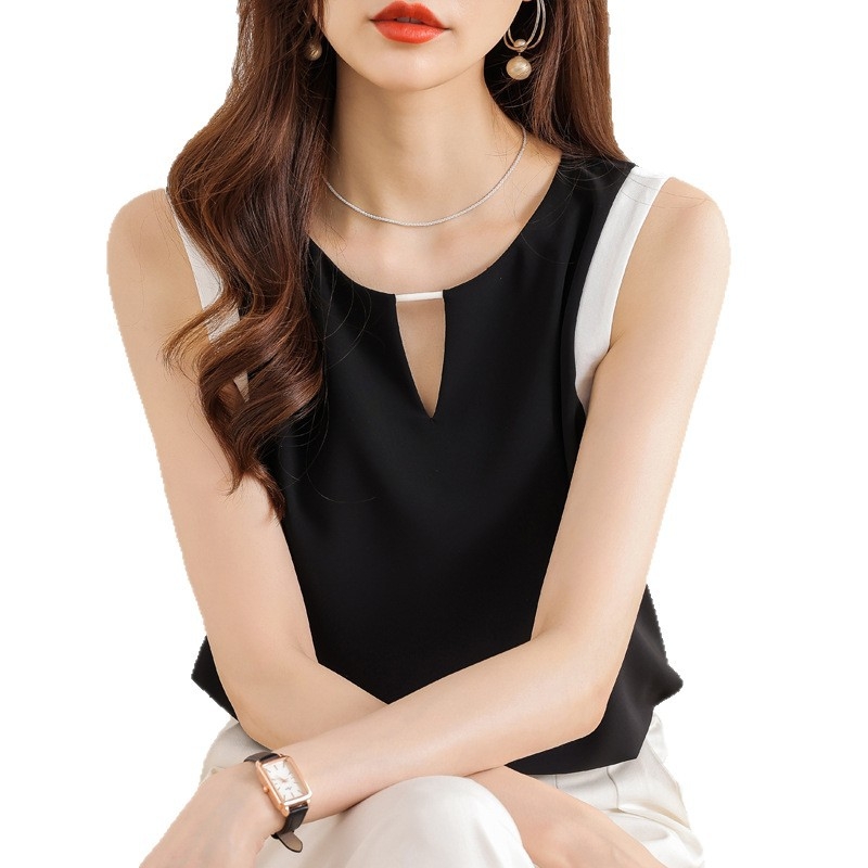 Bez rukava šifon majica, ležernog kroja, poluotvoren ovratnik, mješavina materijala, duljina 50–65 cm