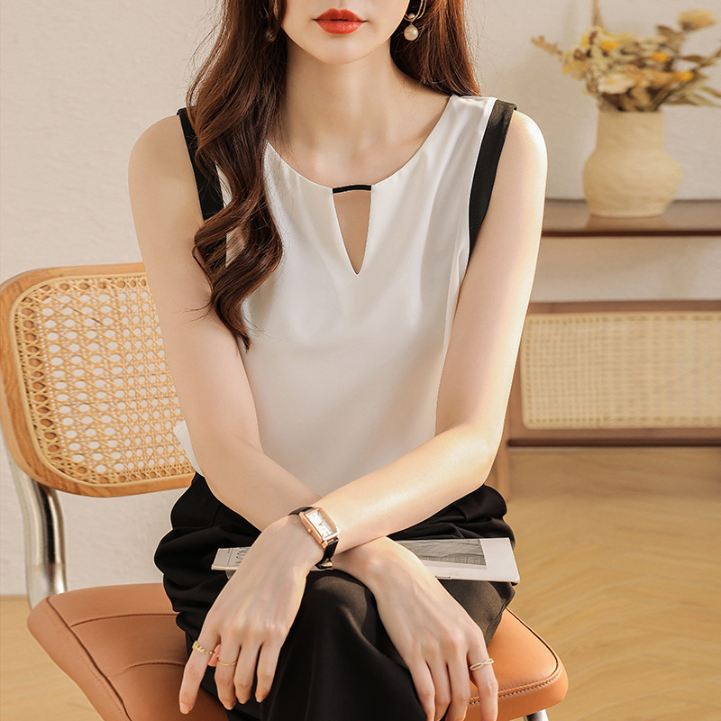 Bez rukava šifon majica, ležernog kroja, poluotvoren ovratnik, mješavina materijala, duljina 50–65 cm