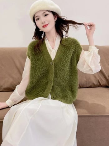 Жилет от имитационен норков велур за жени, плетен, V-образно деколте, свободен силует, едноцветен модел, смес нейлон и акрил