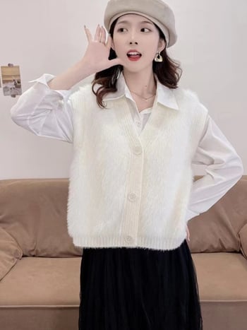 Жилет от имитационен норков велур за жени, плетен, V-образно деколте, свободен силует, едноцветен модел, смес нейлон и акрил