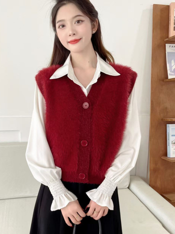 Жилет от имитационен норков велур за жени, плетен, V-образно деколте, свободен силует, едноцветен модел, смес нейлон и акрил