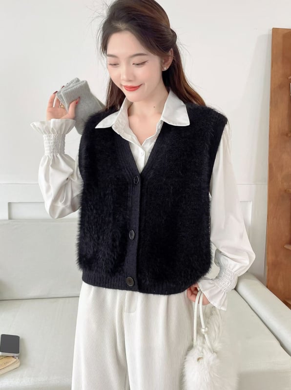 Жилет от имитационен норков велур за жени, плетен, V-образно деколте, свободен силует, едноцветен модел, смес нейлон и акрил