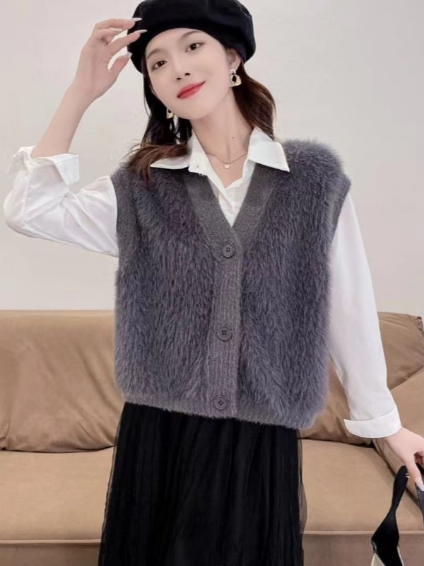 Жилет от имитационен норков велур за жени, плетен, V-образно деколте, свободен силует, едноцветен модел, смес нейлон и акрил