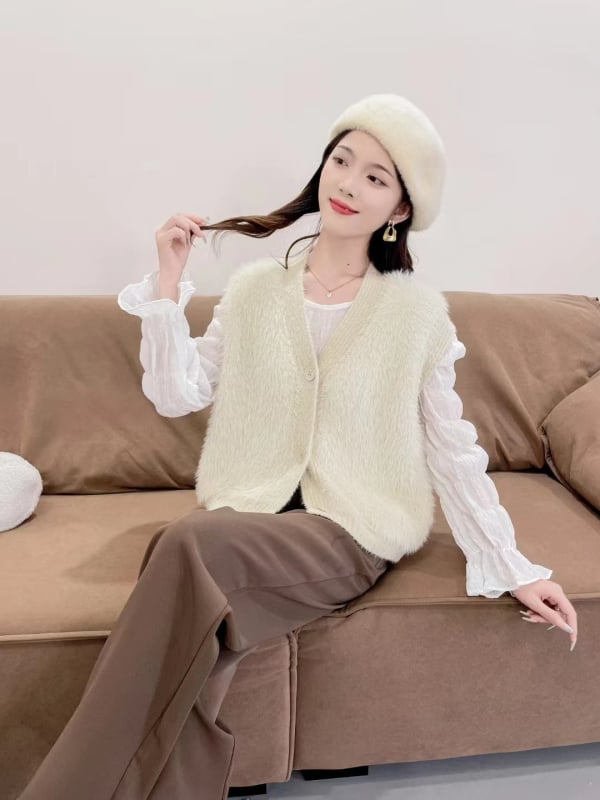 Жилет от имитационен норков велур за жени, плетен, V-образно деколте, свободен силует, едноцветен модел, смес нейлон и акрил