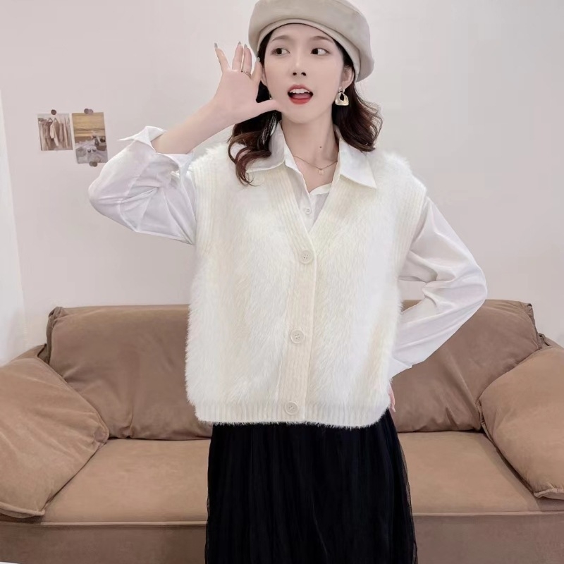 Жилет от имитационен норков велур за жени, плетен, V-образно деколте, свободен силует, едноцветен модел, смес нейлон и акрил