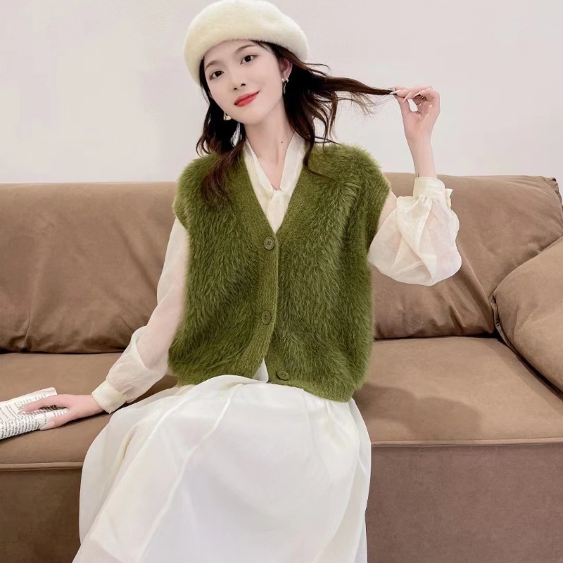 Жилет от имитационен норков велур за жени, плетен, V-образно деколте, свободен силует, едноцветен модел, смес нейлон и акрил