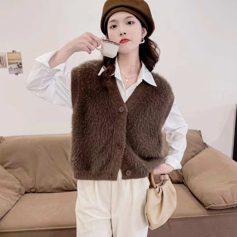 Жилет от имитационен норков велур за жени, плетен, V-образно деколте, свободен силует, едноцветен модел, смес нейлон и акрил