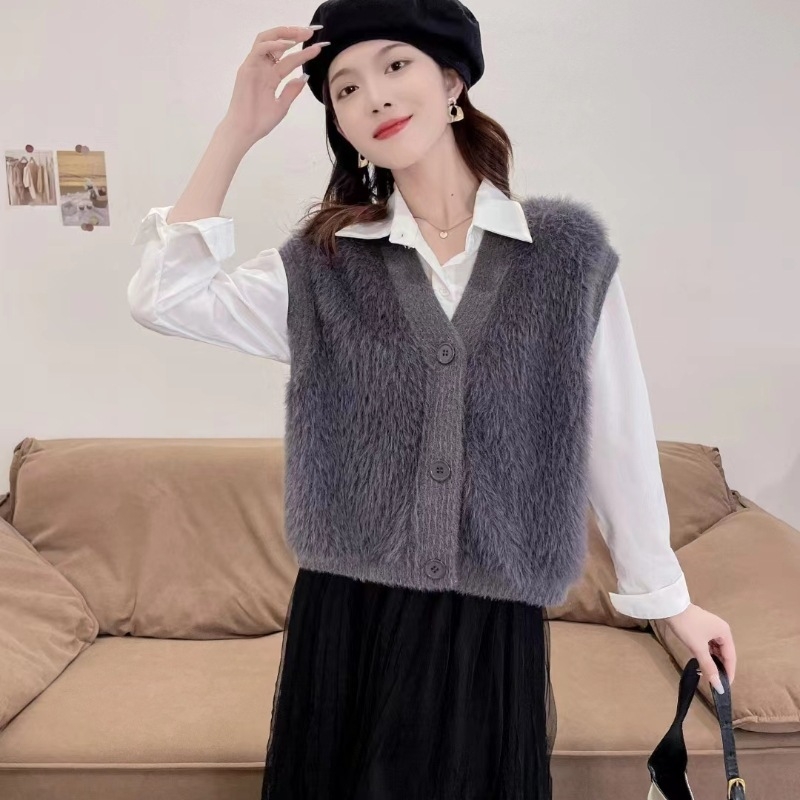 Жилет от имитационен норков велур за жени, плетен, V-образно деколте, свободен силует, едноцветен модел, смес нейлон и акрил