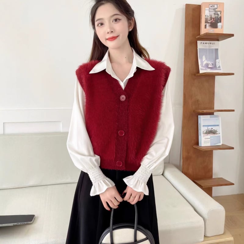 Жилет от имитационен норков велур за жени, плетен, V-образно деколте, свободен силует, едноцветен модел, смес нейлон и акрил