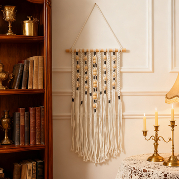 Ръчно тъкан гоблен с пискюли, бохемски стил, памучен със ивици, правоъгълен, мие се на ръка