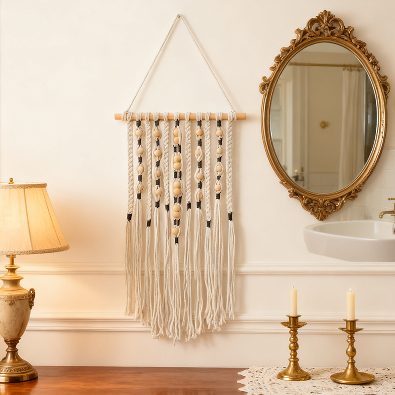 Ръчно тъкан гоблен с пискюли, бохемски стил, памучен със ивици, правоъгълен, мие се на ръка