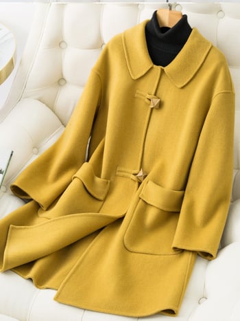 Дамско палто от 95% вълна, А‑образен силует, средна дължина, яка‑кукла, едноредово закопчаване