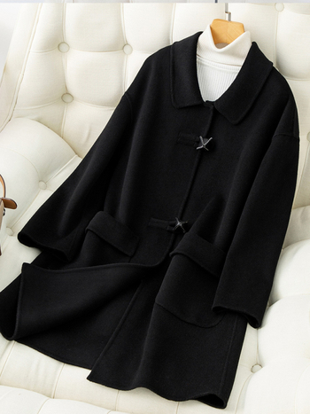 Дамско палто от 95% вълна, А‑образен силует, средна дължина, яка‑кукла, едноредово закопчаване