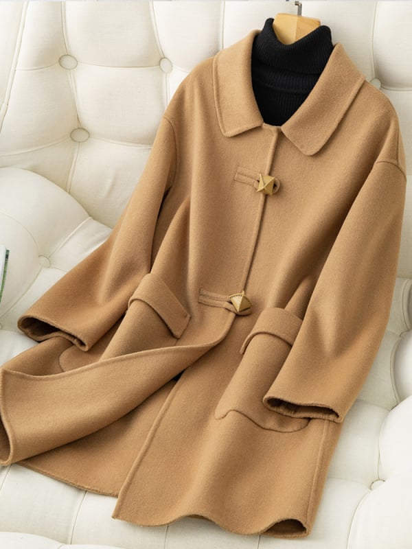 Дамско палто от 95% вълна, А‑образен силует, средна дължина, яка‑кукла, едноредово закопчаване