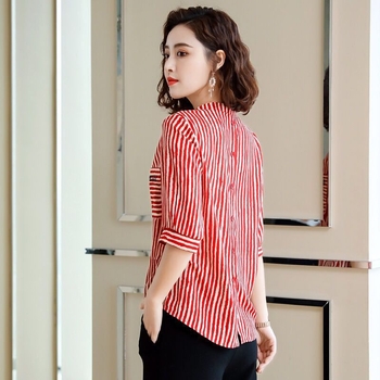 Košulja od šifona za plus veličinu – prugasta, otisak, uski kroj, 3/4 balon rukavi, Poliester smjesa