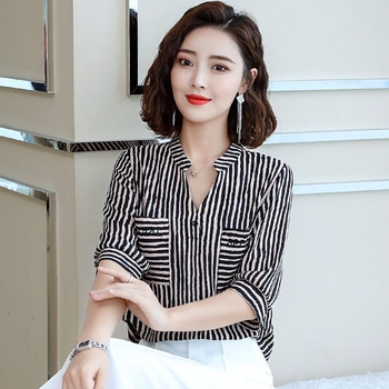 Košulja od šifona za plus veličinu – prugasta, otisak, uski kroj, 3/4 balon rukavi, Poliester smjesa