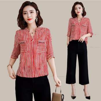 Košulja od šifona za plus veličinu – prugasta, otisak, uski kroj, 3/4 balon rukavi, Poliester smjesa