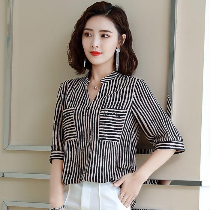 Košulja od šifona za plus veličinu – prugasta, otisak, uski kroj, 3/4 balon rukavi, Poliester smjesa