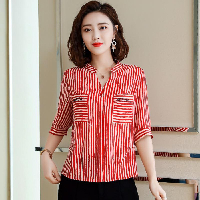Košulja od šifona za plus veličinu – prugasta, otisak, uski kroj, 3/4 balon rukavi, Poliester smjesa